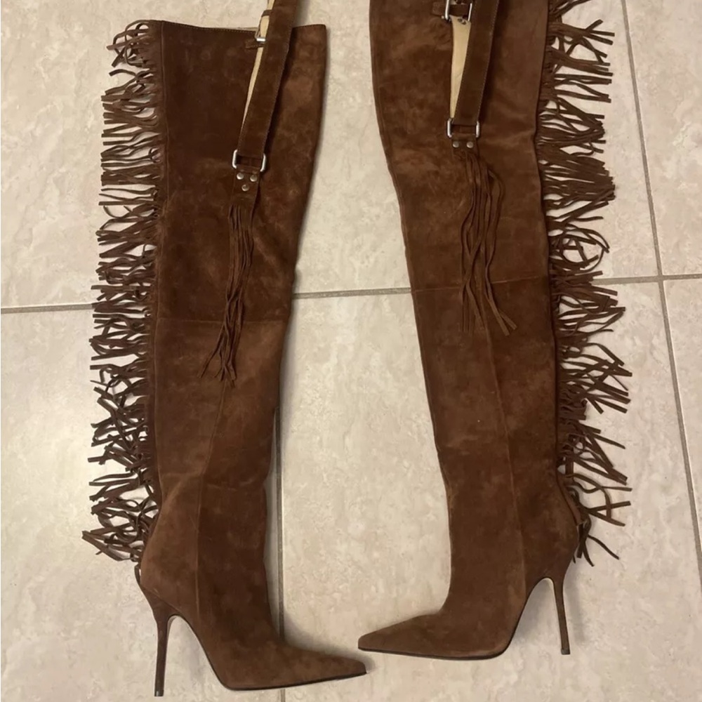 Dolce & Gabbana Sexy Suede Brown Fringe Leather Boots & Belt woman’s D&G heels - Picture 2 of 16
